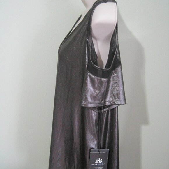 Nwt Rock & Republic Womens XL Metallic Black Cold Shoulder Top Mesh Ladder Neck - Picture 3 of 8